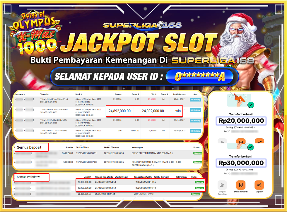 SUPERLIGA168 JACKPOT GATES OF OLYMPUS XMAS 1000 Rp.50,000,000LUNAS
